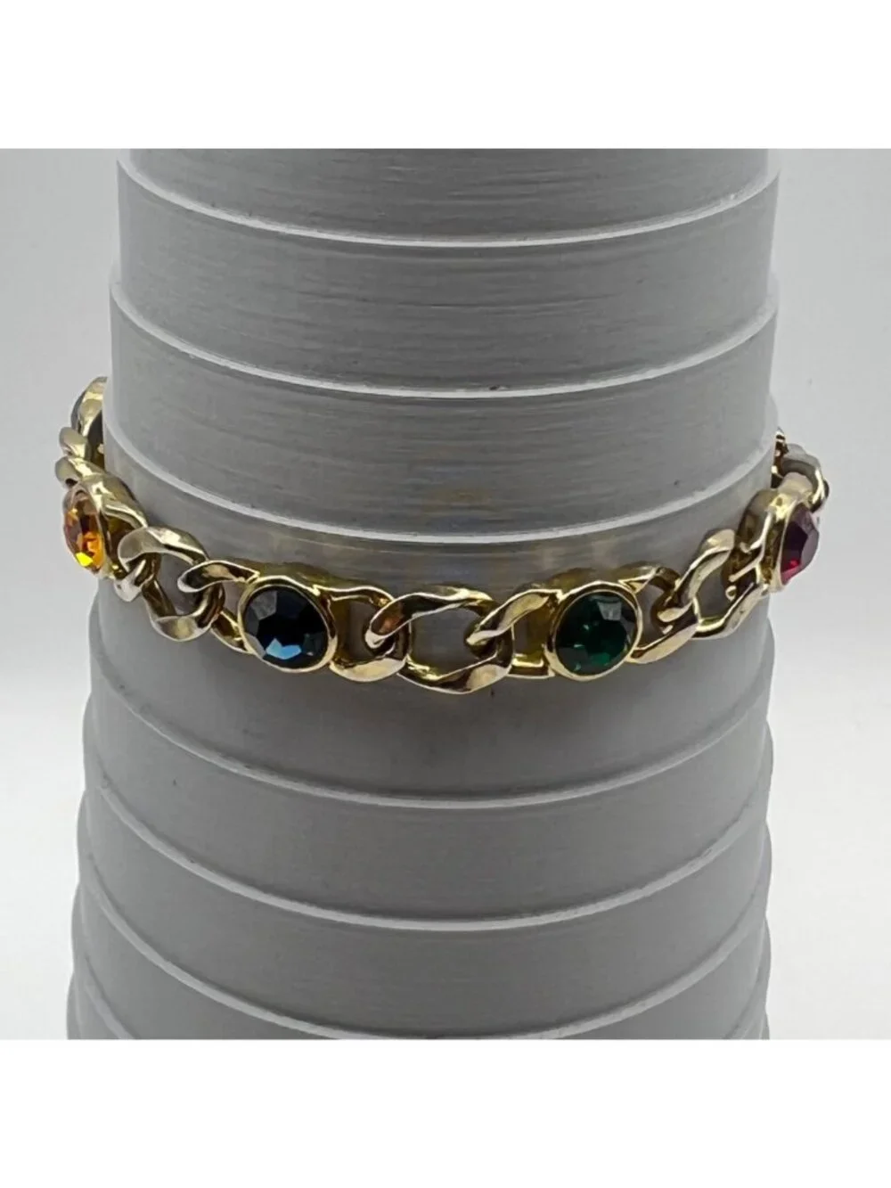Jewel Tone Bracelet Multicolor Rhinestone Bezel Signed USA 7.5